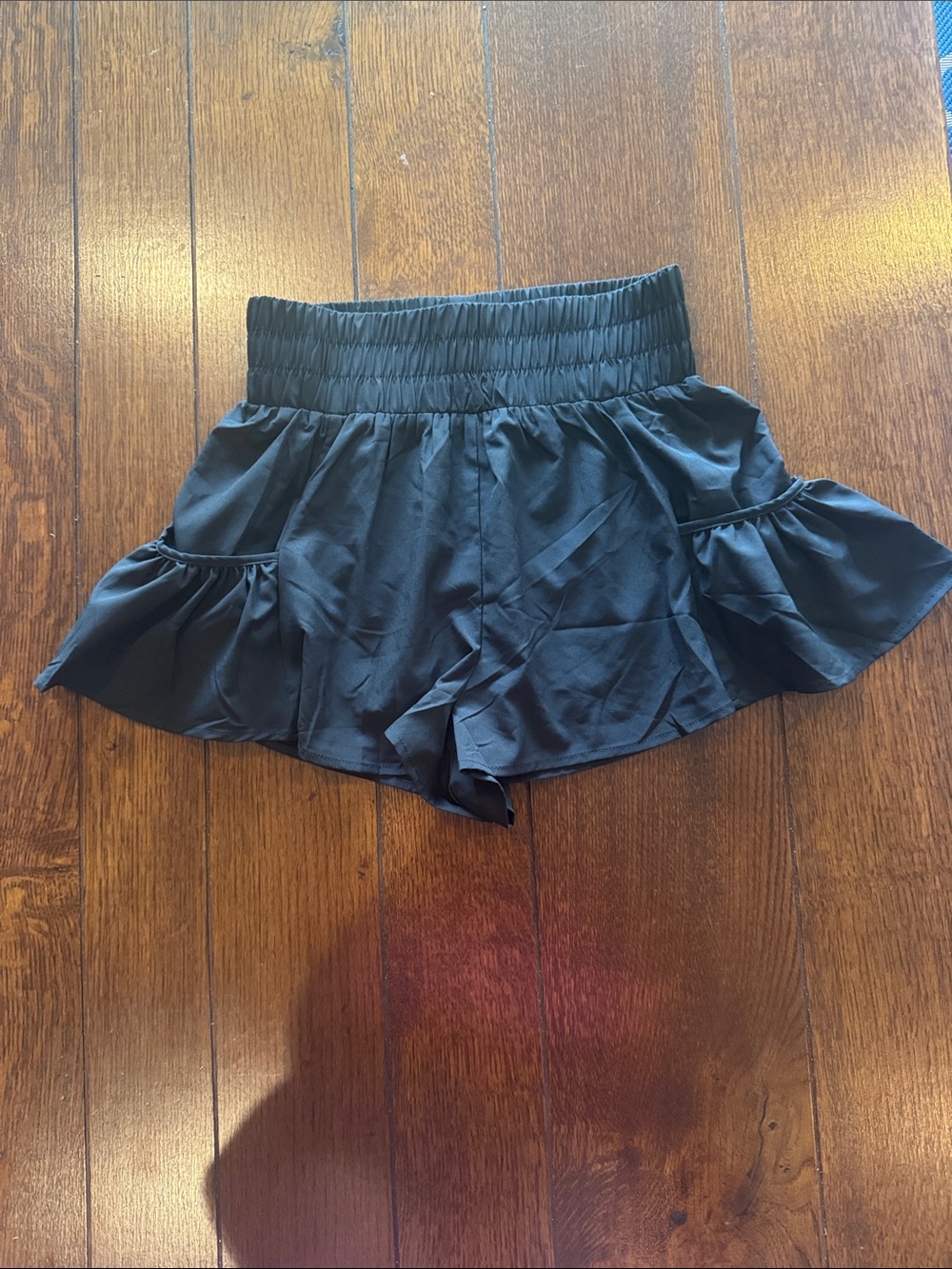 Women's Black Athletic Ruffle Hem Shorts with Smocked Waistband